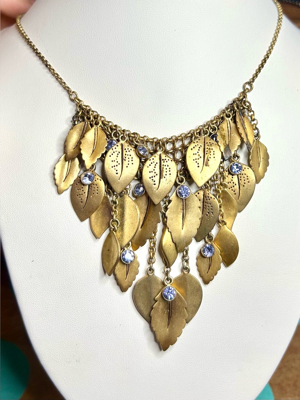 Nine West Gold Tone Cascading Leaf Rhinestone Statement Necklace